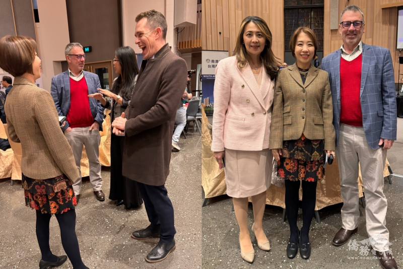 (左圖)僑務委員會副委員長李姸慧(左一)與紐西蘭國會議員Hon. Dr. Hamish Campbell(右一)相談甚歡；(右圖)駐紐西蘭代表處大使歐江安(左一)、李姸慧(中)與Hon. Dr. Duncan Webb(右一)合影
