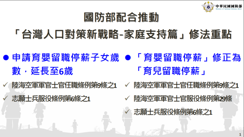 國防部配合推動「台灣人口對策新戰略-家庭支持篇」修法重點