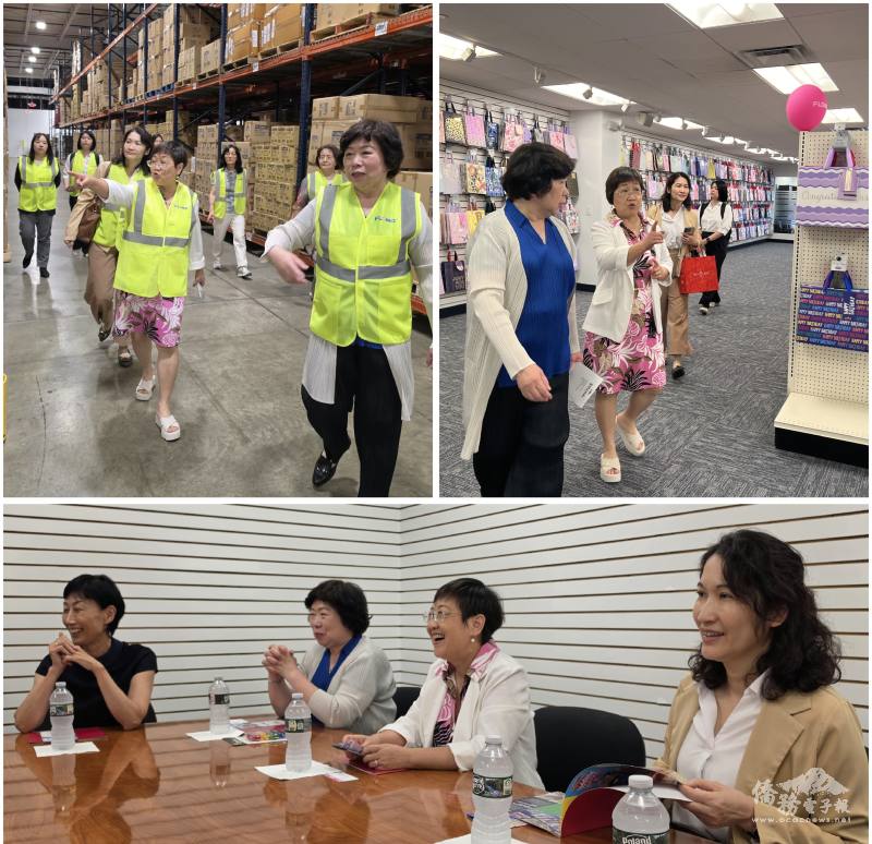 參觀發貨倉庫（左上圖）、參觀樣品展示間（右上圖）、座談會相談甚歡（下圖）