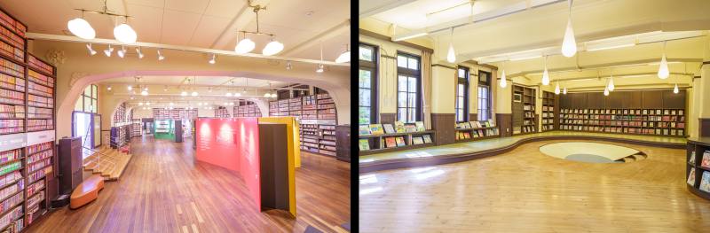 京都國際漫畫博物館主要展覽廳（左），與「兒童圖書館」(こども図書館)。圖片提供／京都國際漫畫博物館