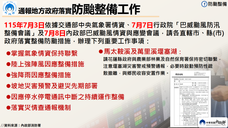 通報地方政府落實防颱整備工作