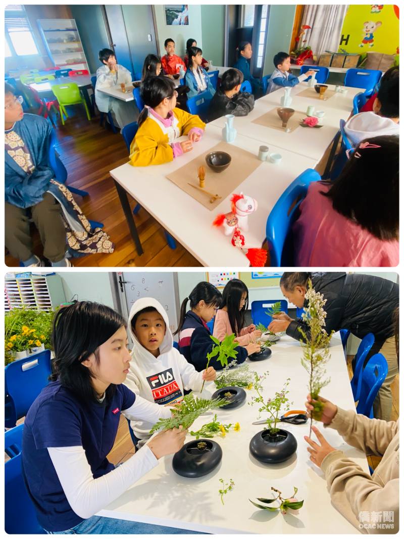 （上圖）學員穿著漢服體驗宋代點茶的過程；（下圖）學員自行選擇不同的花材自由創作插花作品