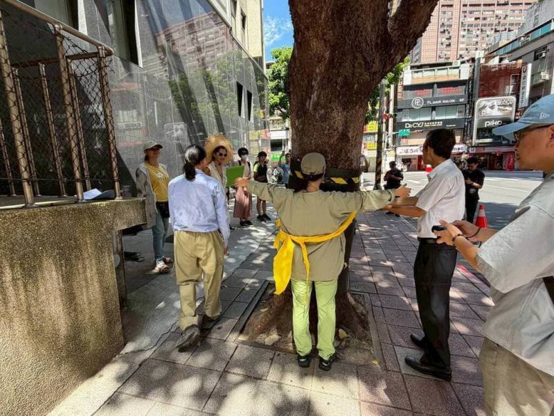 護樹團體19日到衛福部健保署台北業務組建物旁青島西路側的老茄苳樹前舉辦活動，台灣樹人會秘書長潘翰疆說，原本健保署台北業務組公告將辦理樹木移除作業，後來在24小時護樹行動展開後，已原地保留。（台灣樹人會提供）