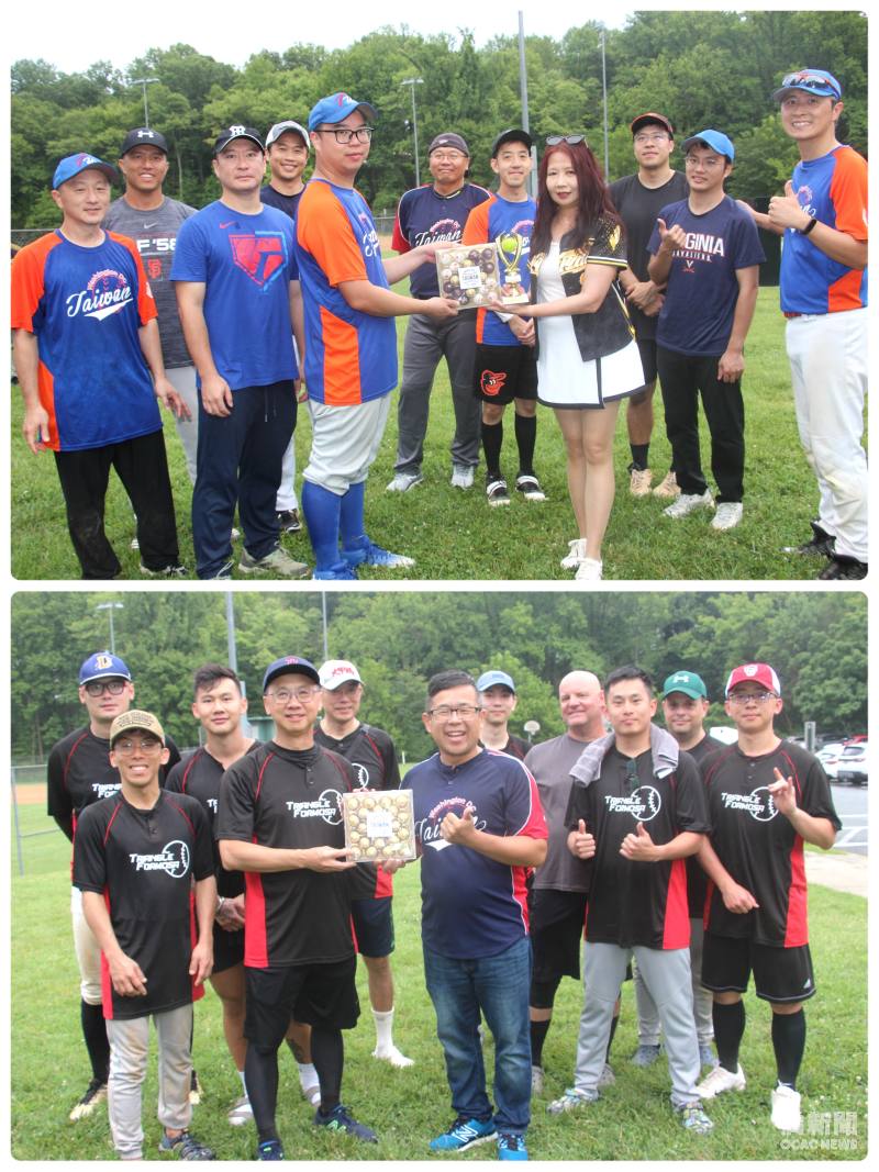 匹茲堡臺灣同鄉會會長許雅斐頒發冠軍獎杯及獎品給華府隊（上圖）、大華府臺灣同鄉會會長曹世杰頒亞軍獎給北卡諾萊娜隊（下圖）