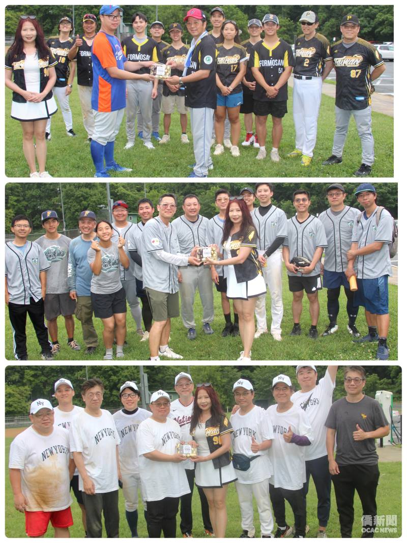 友誼賽籌劃人之一侯光遠頒季軍獎給匹茲堡隊（上圖）、許雅斐頒另一季軍獎給紐澤西隊（中圖）、許雅斐頒殿軍獎給紐約隊（下圖）