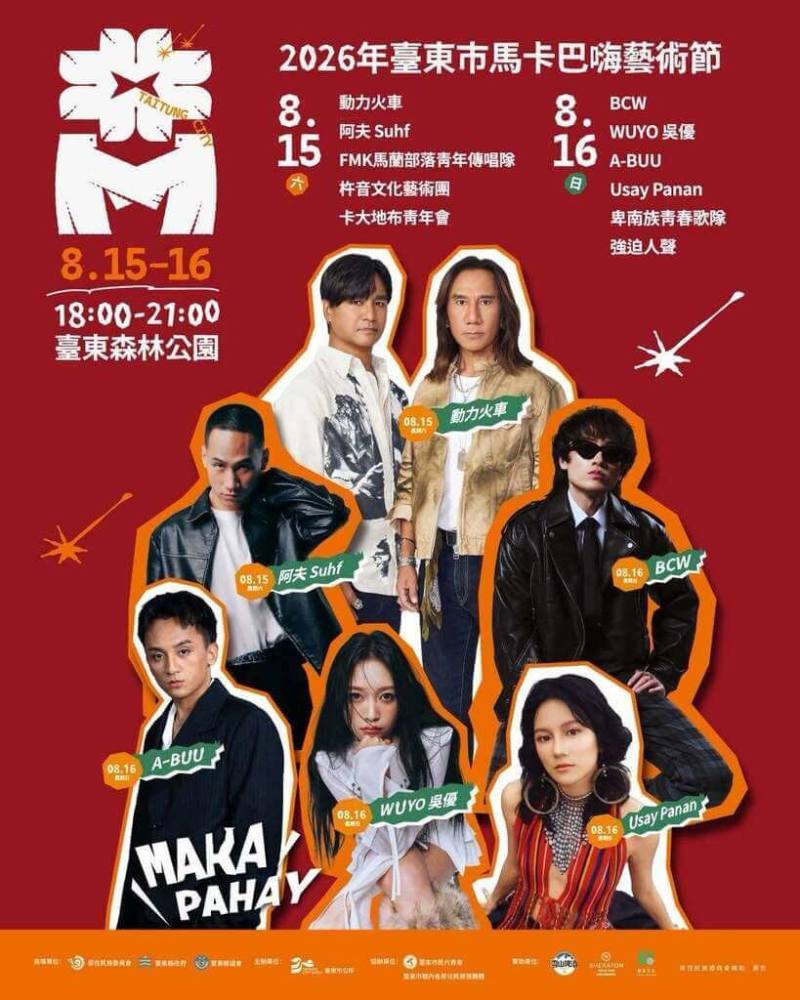 台東市暑假盛事「馬卡巴嗨藝術節」將於8月15日傍晚在台東森林公園登場，今年由動力火車領軍，BCW、阿夫等藝人及團體接力開唱。（台東市公所提供）