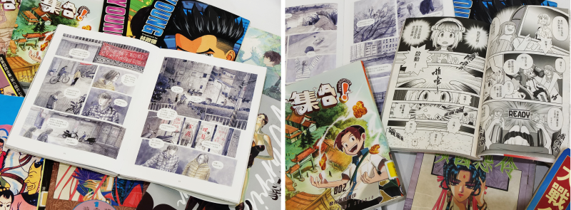 陳沛珛《暫時先這樣》(左)探索臺漫的「圖像小說」形式，《集合！Rendez-Vous》(右)系列為臺漫的共同創作模式做出新嘗試。圖片提供／李華