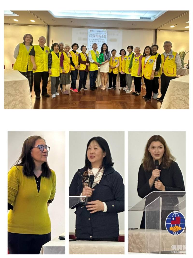 （上圖）文教中心志工組贈送紀念品給黃麗縝，感恩其在文教中心服務21年；（下圖）三位文教中心新同仁：（左）孫樸俊（中）黃美英（右）黃嘉彔。
