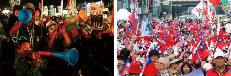 (左圖)1994年北、高直轄市長直接民選，台灣政治氣象改頭換面。（右圖）競選團隊運用音樂等工具營造氣氛溫馨的造勢現場，拉抬聲勢，互相拚場。