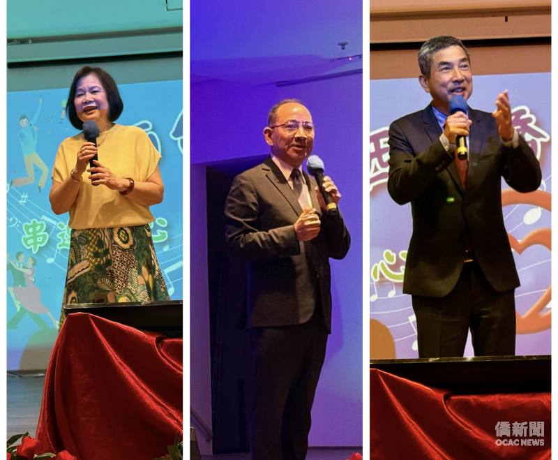 臺僑聯誼會會長曾明月(左)、文教中心主任尤正才(中)、僑務諮詢委員張宏昌(右)分別致詞