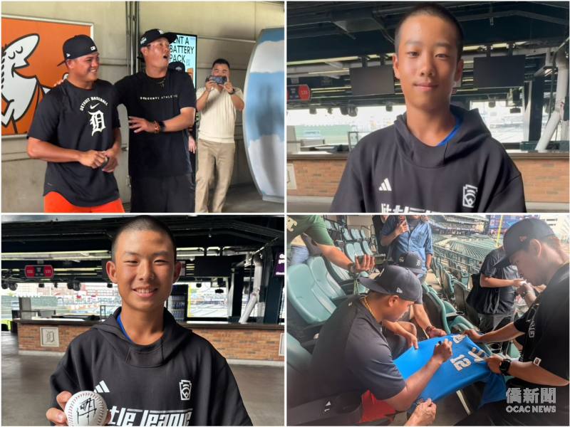 (左上圖)李灝宇與新明國中棒球隊教練；(右上與左下圖)新明國中青少棒隊成員分享與李灝宇的見面感言；(右下圖)李灝宇現場簽名。