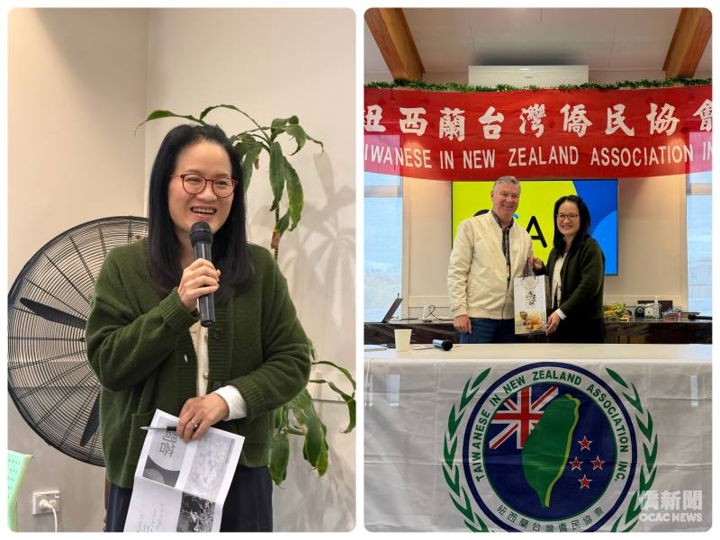 (左圖)臺僑協會會長林佩宜感謝樂齡鄉親出席聽講；(右圖)林佩宜致贈講師 Grant Purely (Digital Seniors NZ 東奧克蘭區服務處經理) 謝禮。