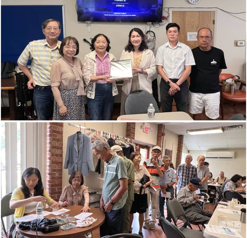 （上圖）王怡如 (右三) 介紹兩位新到任的副主任廖淑惠 (左二) 與羅煜棠 (右二)。(下圖)現場湧現排隊申請「i僑卡」人潮，約有三成民眾當場完成申辦 。