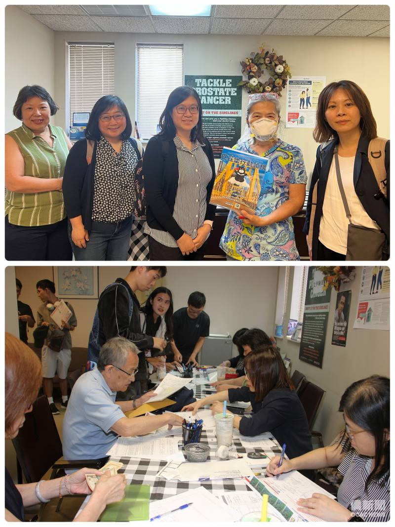（上圖）醫師林榮中夫人黃秀碧（右2）與領務團隊合影;（下圖）行動領務團隊正專心處理申辦案件