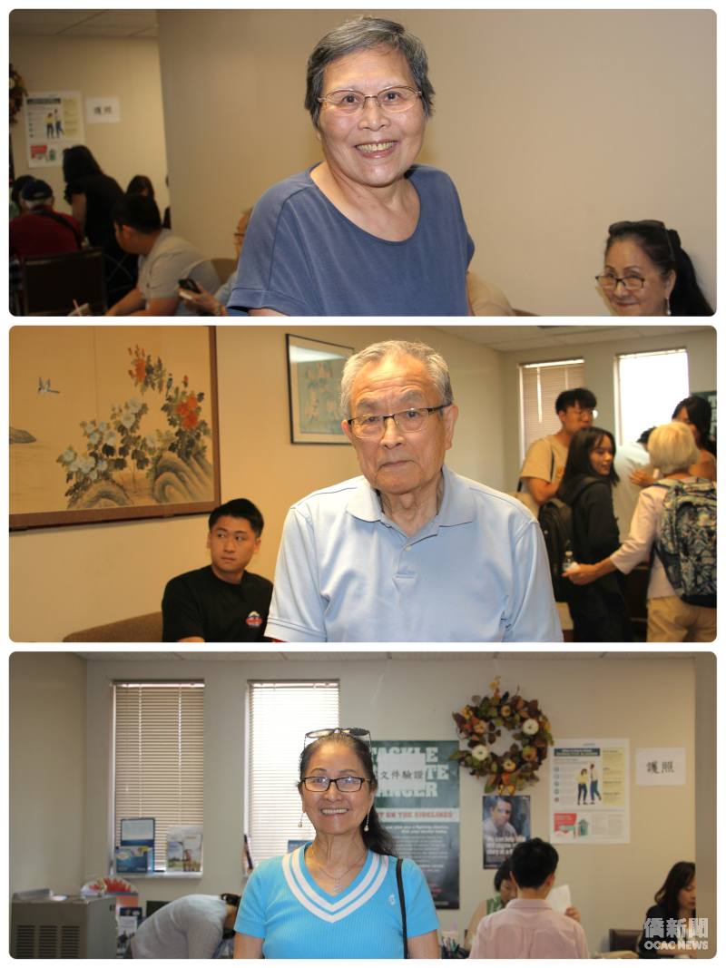 辦好申請案件後3位僑民開心的表情，洪珠圓（上）、曾世英（中）及鄭文錦（下）