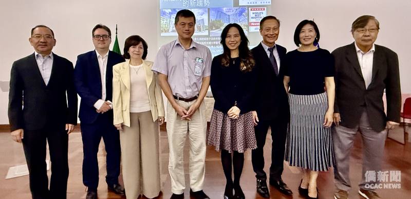 駐聖保羅辦事處處長朱怡靜（右4）、文教中心主任尤正才(左1)、巴西臺灣商會會長葉倫群（右3）、行政院政務顧問楊國憲（右1）和主講者吳元宏博士（左4）、巴西貴賓合影
