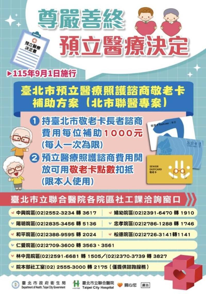台北市衛生局發布，9月1日起，持北市敬老卡到北市聯醫辦理預立醫療照護諮商（ACP）服務，除憑卡補助增至新台幣1000元，並新增可用卡內點數再抵600元。（台北市衛生局提供）
