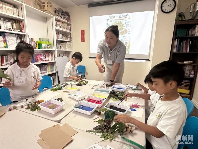陳怡君教導學員以戶外找到的植物創作拓印畫。(照片由謝明華提供)