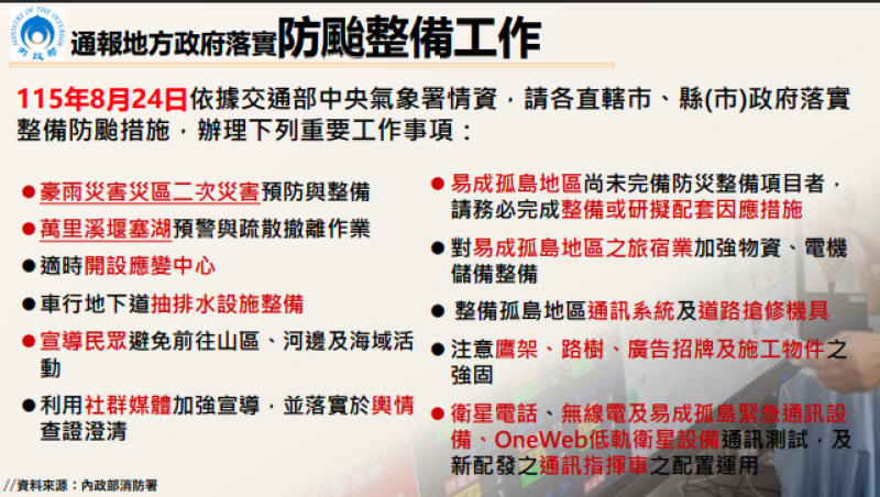 通報地方政府落實防颱整備工作