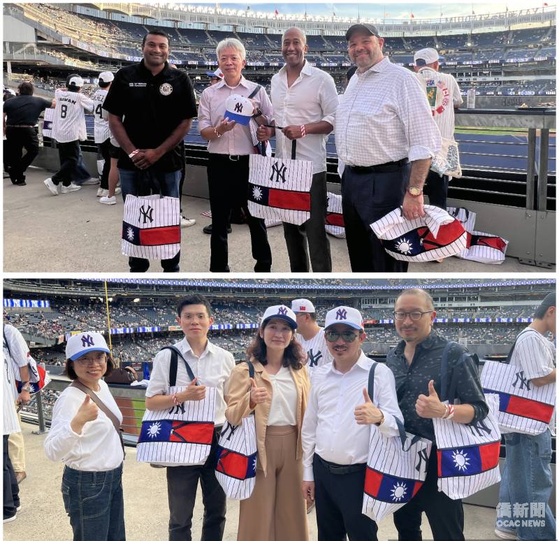 洋基托特包成為「洋基臺灣日」全場焦點，(上圖左起) 紐約州眾議員Anil Beephan Jr.、李志強、州眾議員Clyde Vanel 、East Fishkill鎮長Nicholas D'Alessandro；(下圖左起)紐約文教中心副主任廖淑惠、羅煜棠、主任王怡如、僑務委員江俊霖、建築師李正暘。