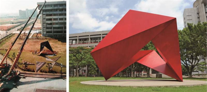1992年，李再鈐於元智大學校園安裝大型鋼雕〈無限延續〉，並全程參與監工。（李再鈐提供）‬