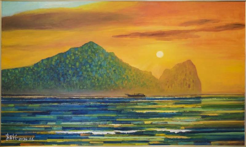 今年初完成的新作，以龜山島為主景，描繪晨光中的海岸風光。