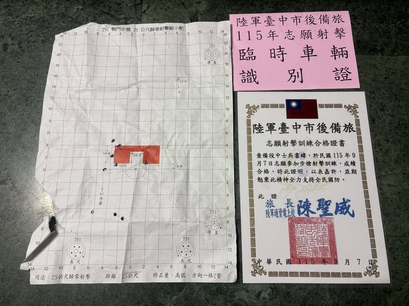 陸軍台中市後備旅7日舉辦首梯放寬報名資格的後備軍人志願參加步槍射擊訓練，參訓者在結束後獲頒合格證書，也能帶回歸零射擊的靶紙作為記錄。