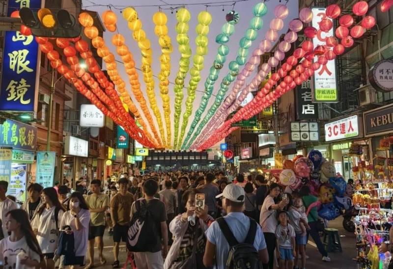 苗栗縣苑裡鎮一年一度「鬼門關夜市」10日晚間登場，除有各式美食小吃，苑裡鎮公所在火車站前為公路段設置彩繪燈籠裝置藝術，讓街區氛圍加倍。（民眾提供）