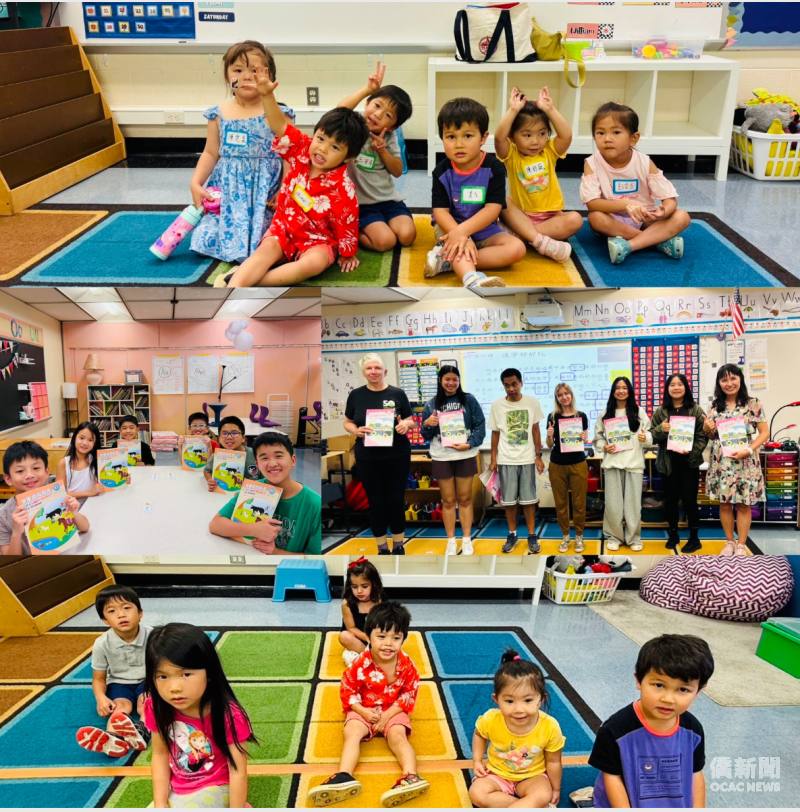 歡樂的開學第一天，同學開心領取僑務委員會「學華語向前走」教材。