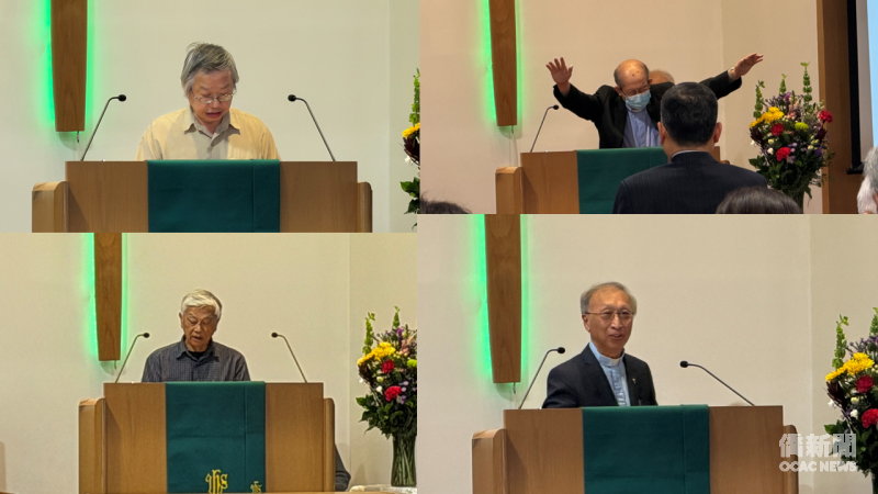 Lombard臺灣社區教會長老鄧培德帶領祈禱 (左上)，Glendale Heights的台福教會施養才長老讀經 (左下)，台福教會黃國安牧師祝禱 (右上)，芝城社區教會陳耀生牧師則以臺語詩詞獻上祝福(右下)