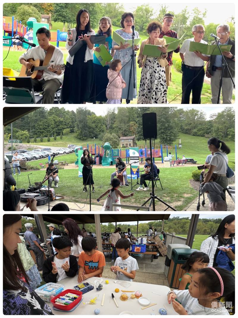 （上圖）合唱團正認真演唱，（中圖）犀牛牛仔褲樂團表演中、小女孩隨樂起舞，（下圖）高中生Dora （左）帶領小朋友以手工藝黏土做月餅