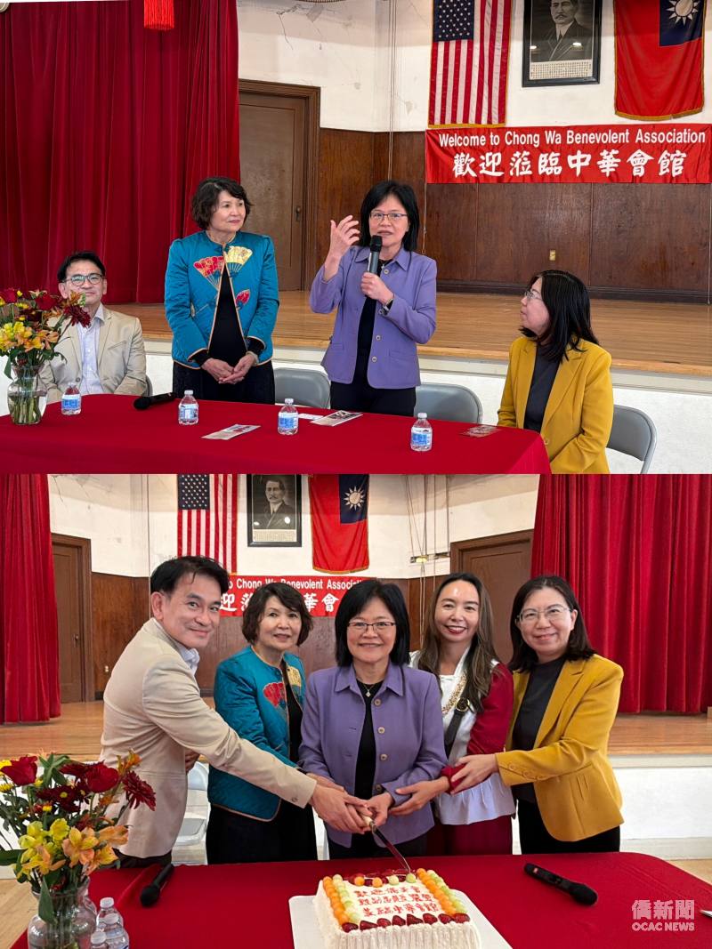 西雅圖中華會館副主席邱美瑞歡迎賴麗瑩蒞臨中華會館(上圖)，並共同切蛋糕留念(下圖)