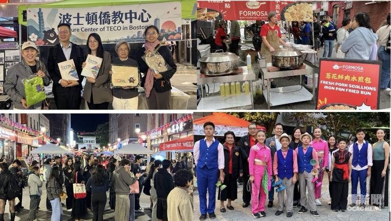 文教中心推廣TCML(左上)、夜市現場(右上)、中華民俗藝術工作坊表演團隊(右下)、福爾摩沙水煎包攤位(左下)。