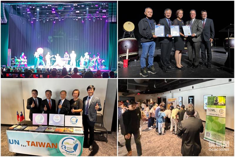 十鼓擊樂團精彩演出(左上)、訪問團接受橘郡郡長頒贈感謝狀(右上)、演出入口處向來賓宣傳UN for Taiwan(左下)、中佛州中華學校設攤宣傳正體中文教育並為TCML招生