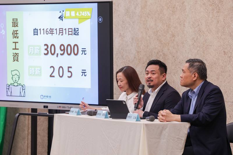 勞動部24日召開最低工資審議會，部長洪申翰（中）晚間與政務次長李健鴻（右）、勞動條件及就業平等司長黃琦雅（左）公開說明會中決議，預計自民國116年元旦起調整最低工資月薪至新台幣3萬900元、時薪至205元；調整案將由勞動部陳報行政院核定。