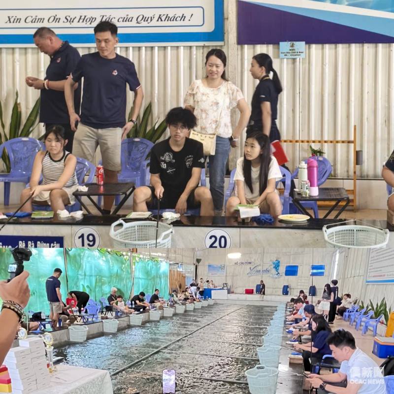 親子釣蝦比賽現場，大小朋友專注釣蝦、熱情加油，現場充滿歡笑與互動。