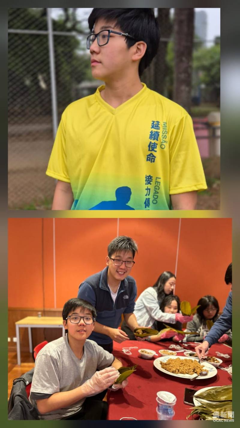 參加運動會掌旗及嘗試自己包粽子（上圖:王杰心於運動會服務，下圖:左一手持粽業者王杰心）