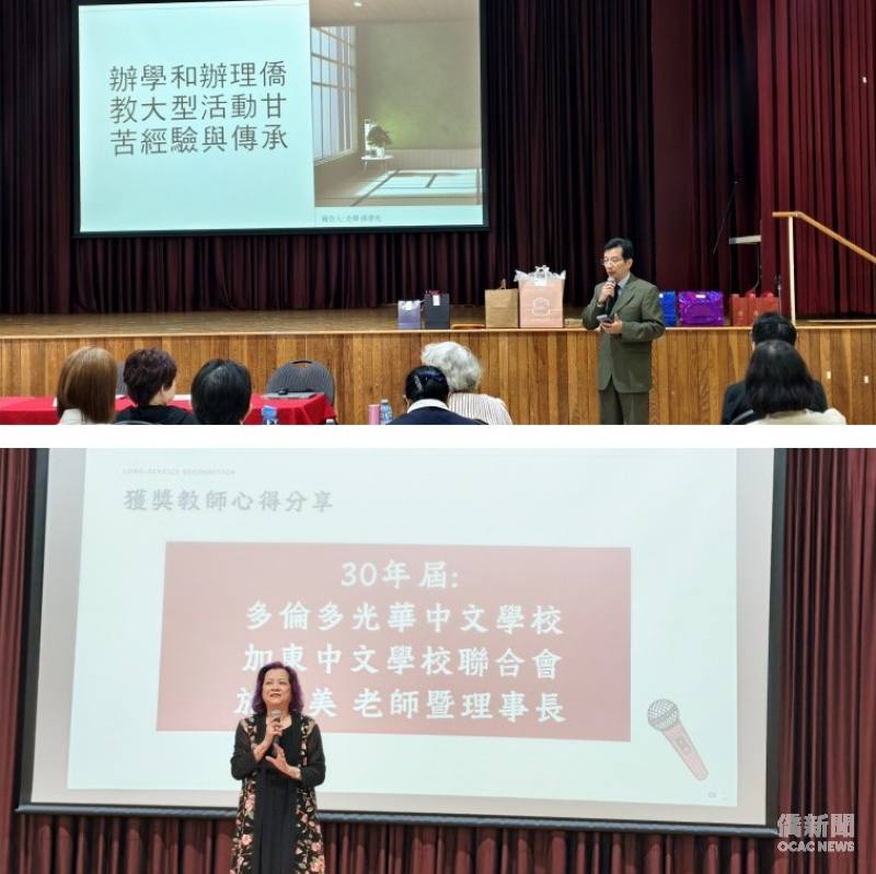 上圖:侯孝先以「辦學和辦理僑教大型活動甘苦經驗與傳承」為題演講
下圖:施善美分享僑教30年心得