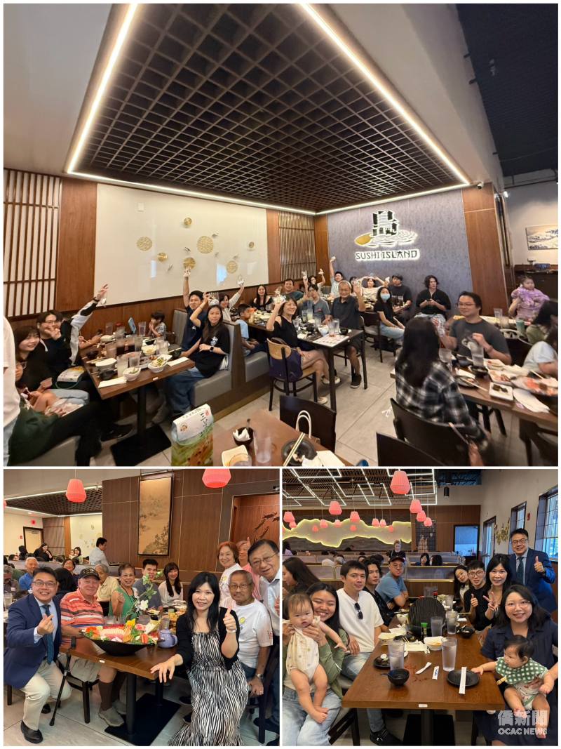 駐邁阿密辦事處處長周啟宇（左下圖左一）與大奧蘭多臺灣同鄉會會長簡雅嵐（左下圖前排右)、僑務顧問高健智（左下圖右一）問候每桌賓客。