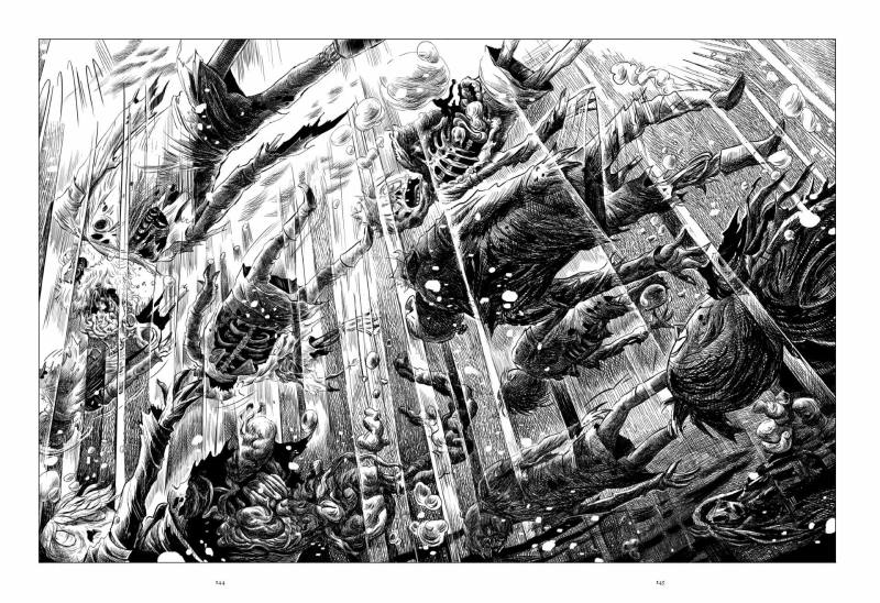 王登鈺的漫畫作品《秘密耳語》內頁。敘事與畫風微妙地融合奇想、童真、科幻、戰鬥、冒險等元素。©煙囪精靈、王登鈺／大塊文化
