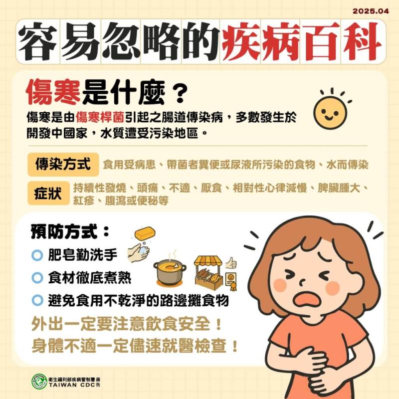 國內出現今年首例本土傷寒確定病例，是1名中部30多歲女性，潛伏期曾生食海鮮料理如生魚片、生蠔等。（圖取自疾管署網頁cdc.gov.tw）