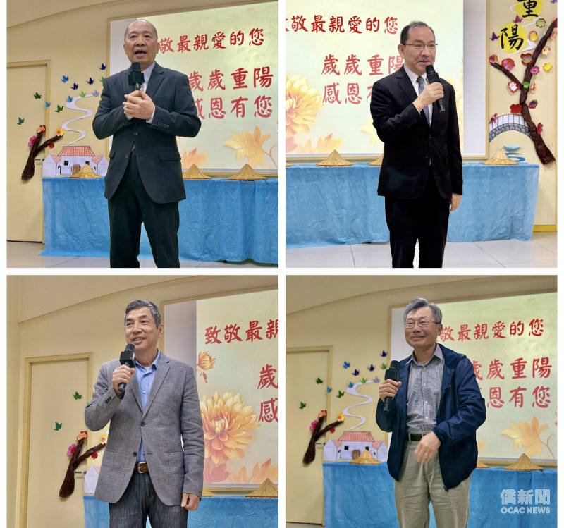 （左上圖）松柏學院校長林志孟、（右上圖）聖保羅文教中心主任尤正才、（左下圖）僑務諮詢委員張宏昌以及（右下圖）老師代表蘇國川分別致詞。