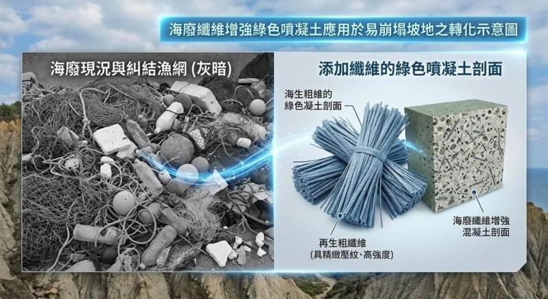 海洋委員會補助國立高雄科技大學團隊研發「海廢纖維噴凝土」，將廢漁網轉化為防護建材，取代傳統不耐鹽分的鋼絲網，更結合AIoT感測技術即時監測邊坡安全。（海委會提供）
