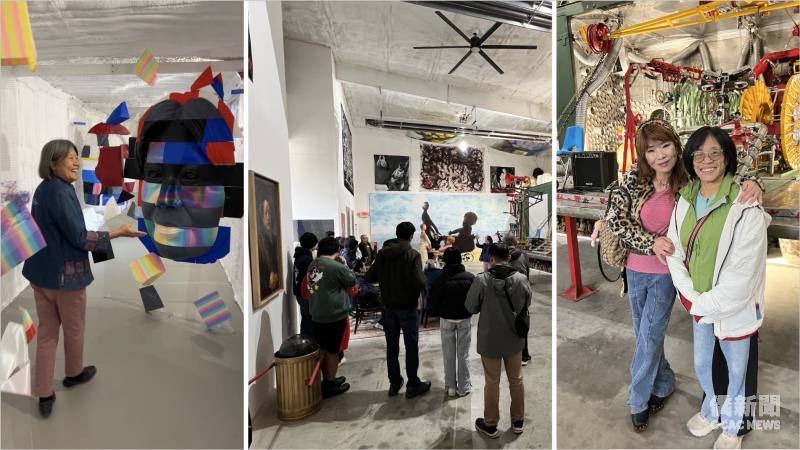 (左、中圖) 謝茵介紹展館作品；(右圖右起) 新英格蘭大波士頓臺商會會長賴怡音及理事Connie Tsai。