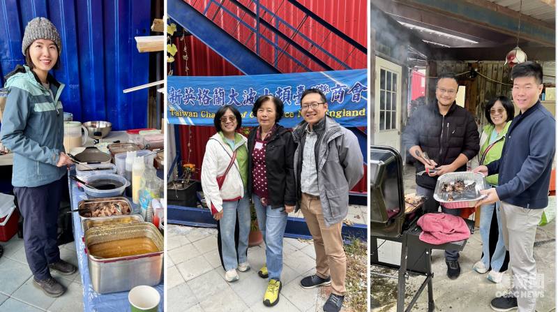 ​​(左起) 商會幹部們準備美食上桌：理事曾雅怡、賴怡音、財務林麗珠、副會長彭聲翔、新英格蘭地區臺灣同學聯合會會長郭延鐸、賴怡音及青商會會長高名震。