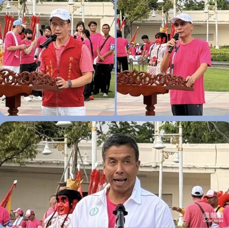 泰國南瑤媽祖宮主任委員林朝坤（左上）、駐泰國代表處大使藍夏禮（右上）及曼谷市長查察（下）致詞