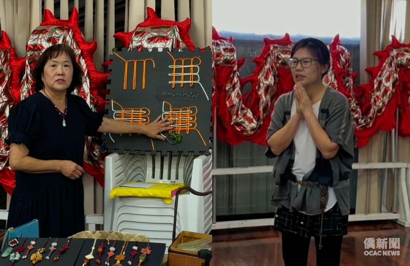 梁增蘆仔細說明各步驟重點與口訣(左圖)；林涵婷感謝家長帶著孩子一起學習，將文化種子向下紮根(右圖)。