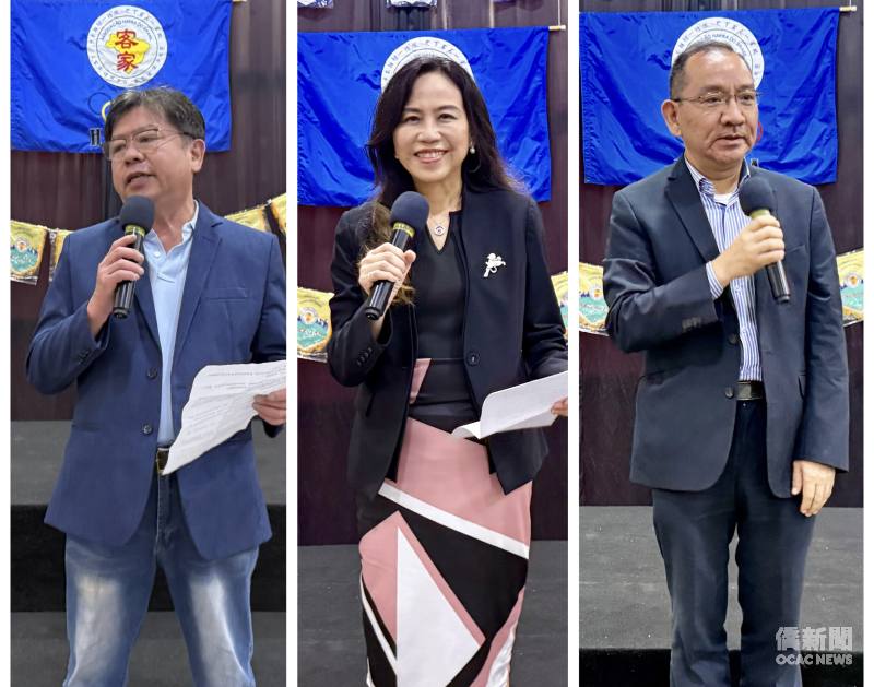 左為巴西客屬崇正總會會長陳宗沐、中為駐聖保羅辦事處處長朱怡靜、右為聖保羅文教中心主任尤正才分別致詞